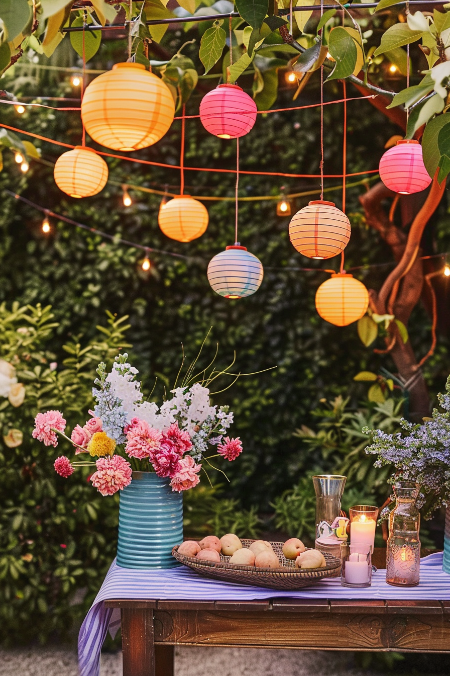 An outdoor evening setting with colorful paper lanterns hanging above a table adorned with flowers, fruits, and lit candles.