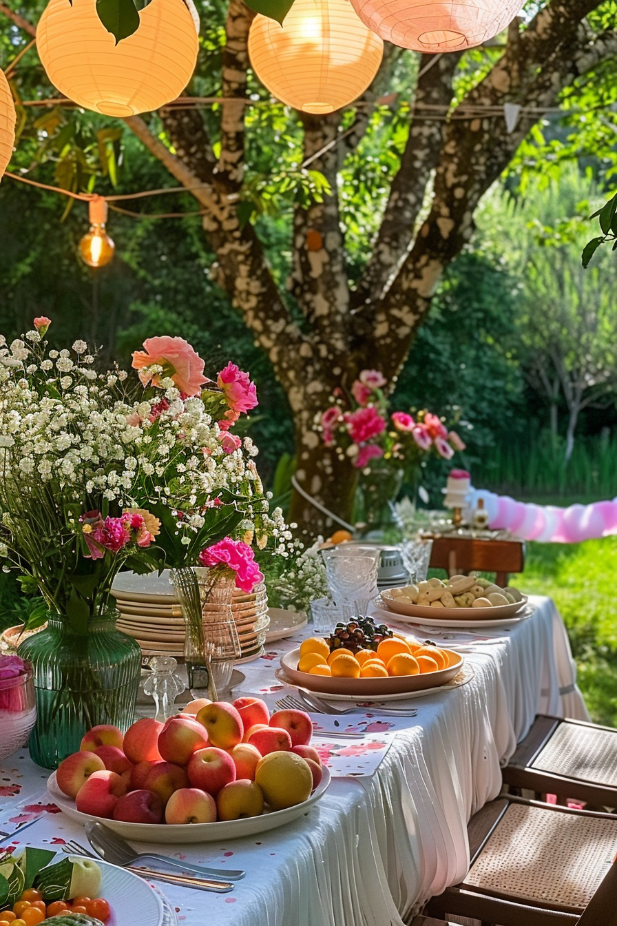 Alt text: An outdoor dining setup with plates of fruit, flower arrangements, and hanging paper lanterns in a garden during daytime.