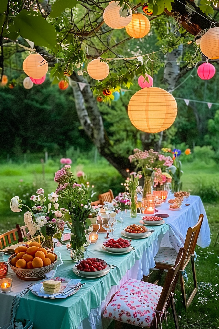 Evening garden party setup with a table decorated with flowers, lit with hanging paper lanterns, and an array of fruits and candles.