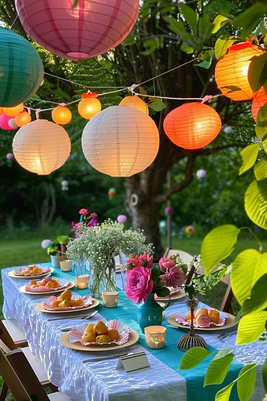 A beautifully set garden table with colorful paper lanterns, fresh flowers, and pastries under a twilight sky.
