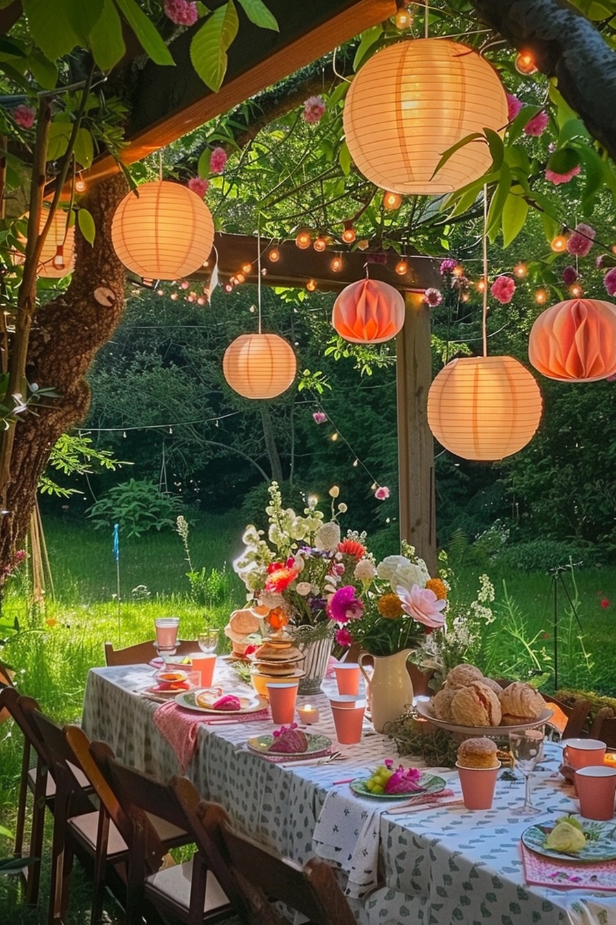 Outdoor garden table setting with floral centerpiece, patterned tablecloth, and lit paper lanterns hanging above during sunset.