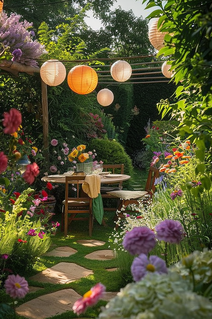 A serene garden with a dining area under lanterns, surrounded by lush flowers and greenery along a stone pathway.