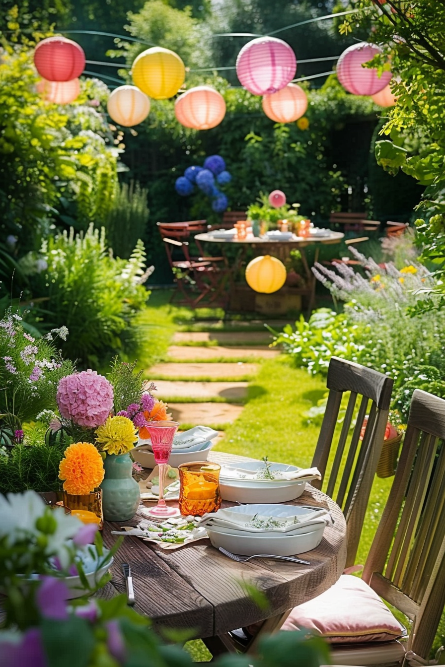 A garden setup for dining with a wooden table, colorful paper lanterns hanging above, and lush greenery in the background.