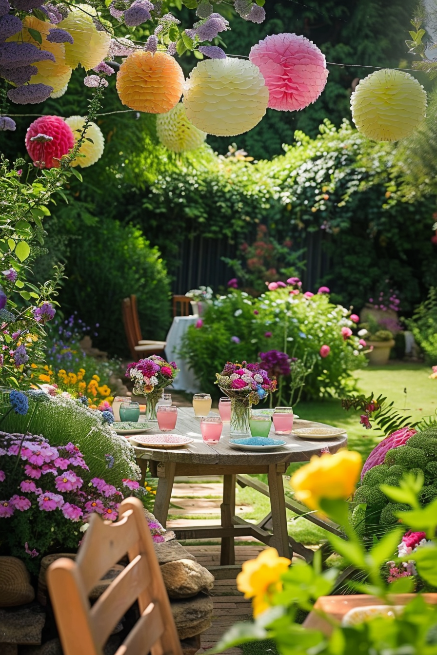 A garden party setup with colorful paper lanterns hanging above and a table with drinks and flowers amidst vibrant plants.