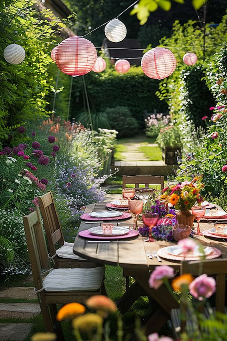 Outdoor dining setup in a lush garden with string lights, a wooden table set with plates and glasses, and surrounded by blooming flowers.