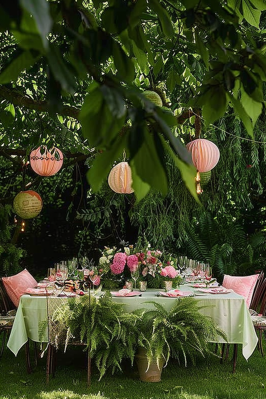 Decorated garden table setting with pink lanterns, flowers, and tableware for an outdoor celebration under lush green trees.