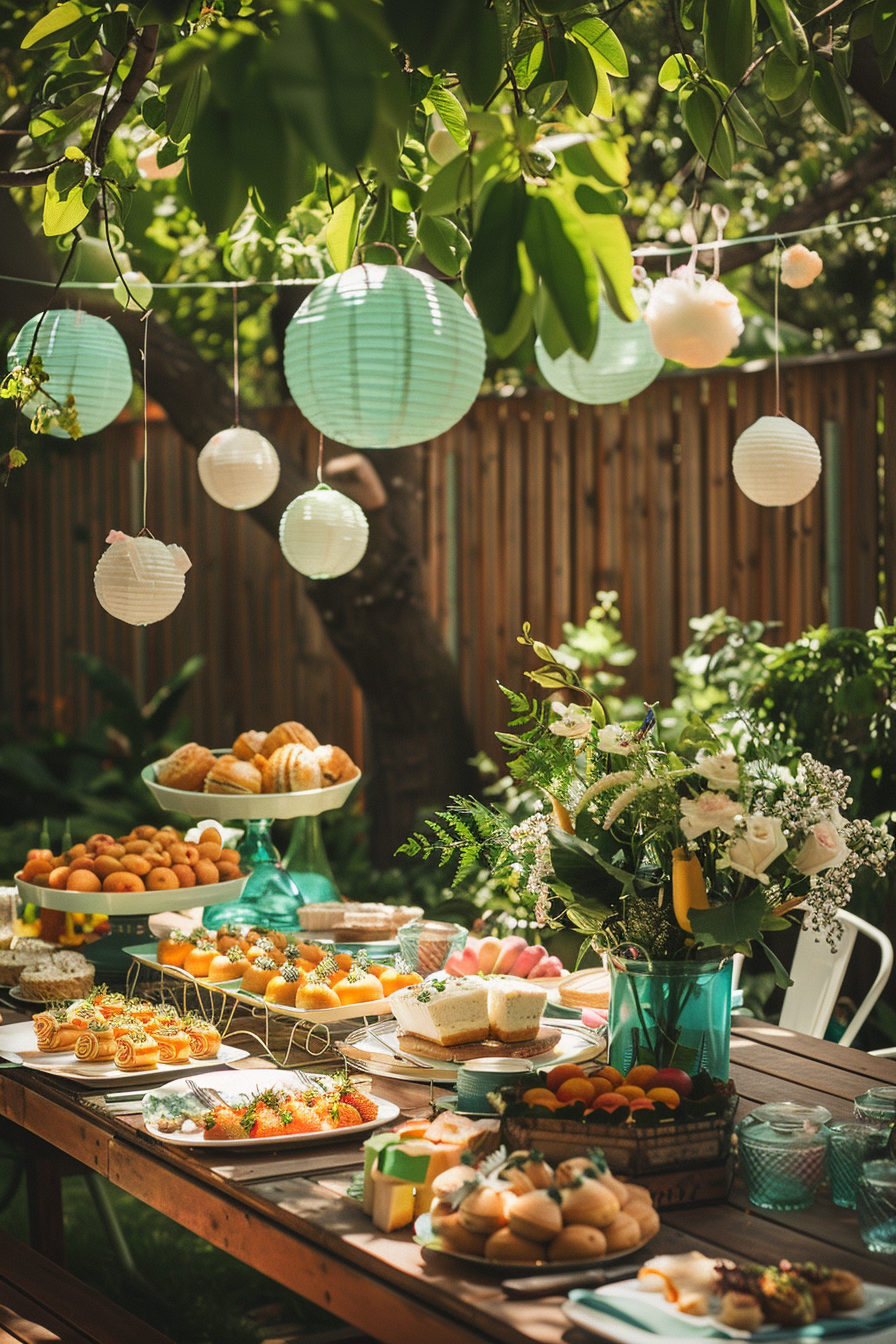 Outdoor garden party setting with a table full of various pastries and fruits, decorated with hanging paper lanterns and a floral centerpiece.
