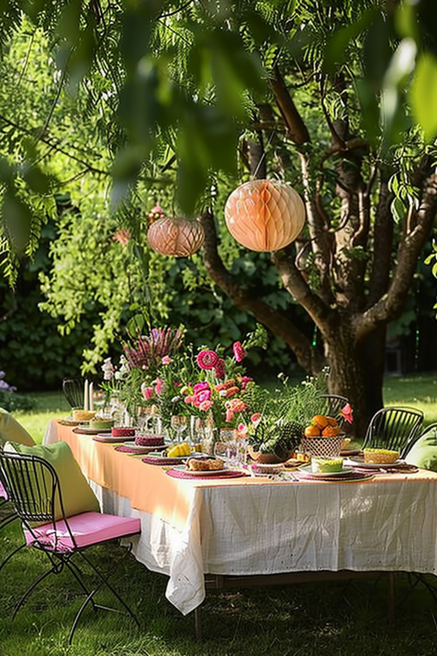Outdoor garden table setting with colorful flowers, hanging lanterns, and a variety of food on a sunny day.