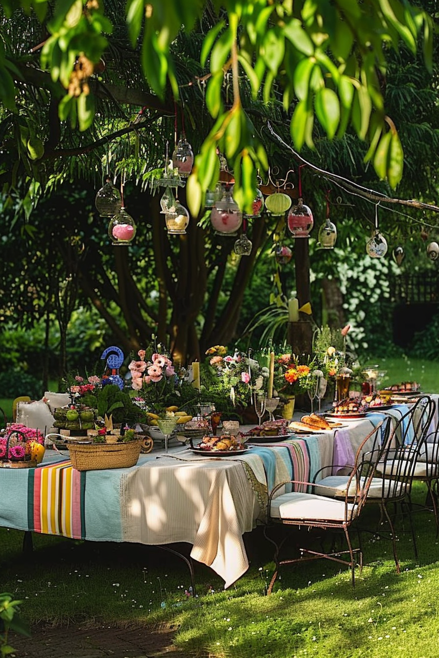 Outdoor garden table set for a festive meal with hanging lanterns, colorful tablecloth, and an array of dishes under a tree.