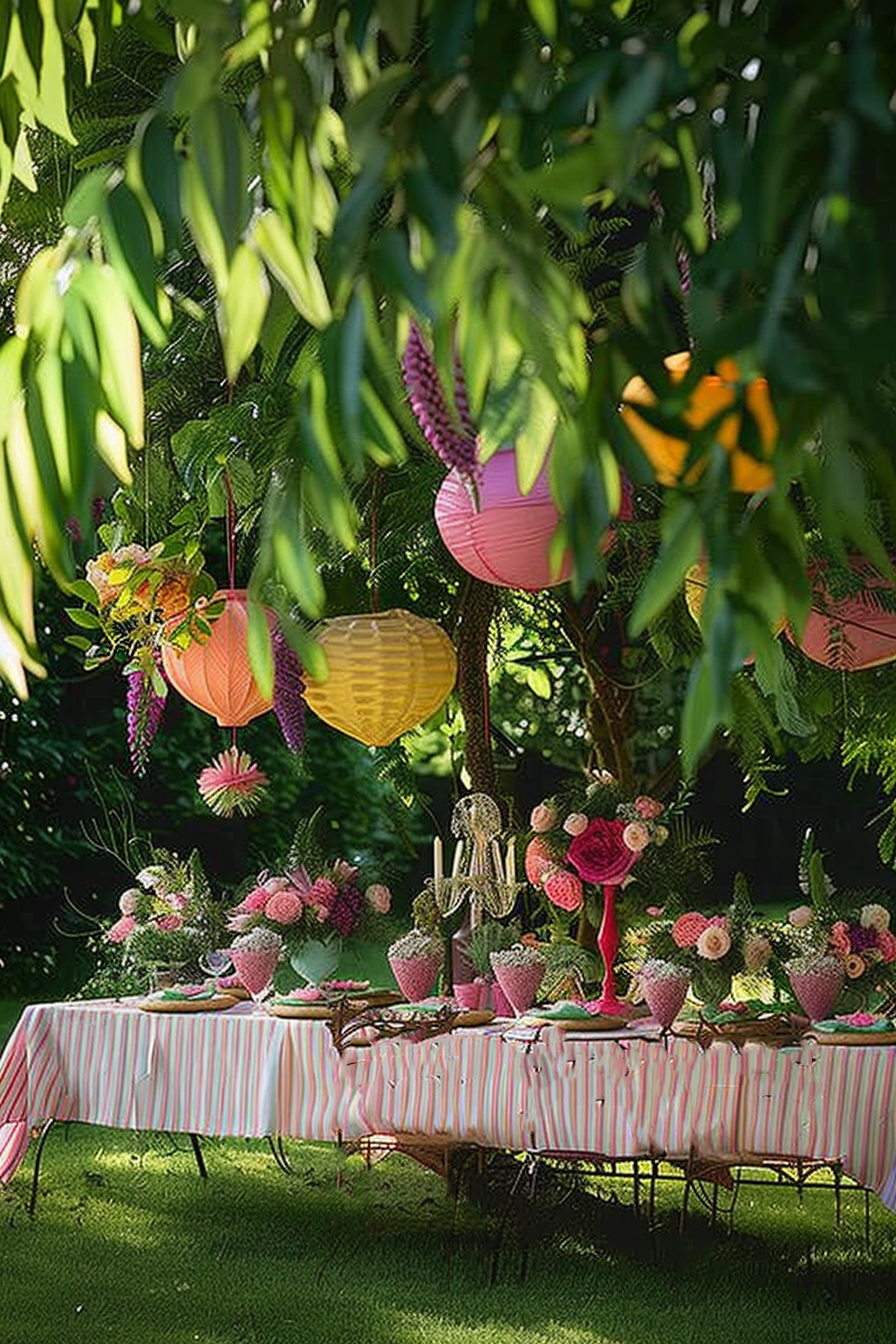 Outdoor garden party setting with a table decorated with pink and purple flowers, candles, and hanging colorful paper lanterns among green foliage.