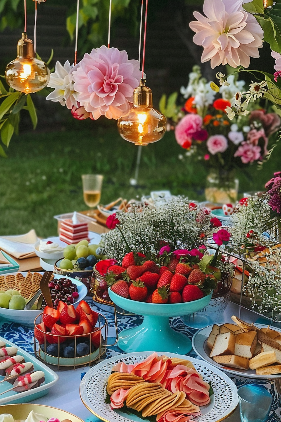 Garden party setting with hanging light bulbs, vibrant dahlias, and a table spread of fruits, snacks, and flowers.