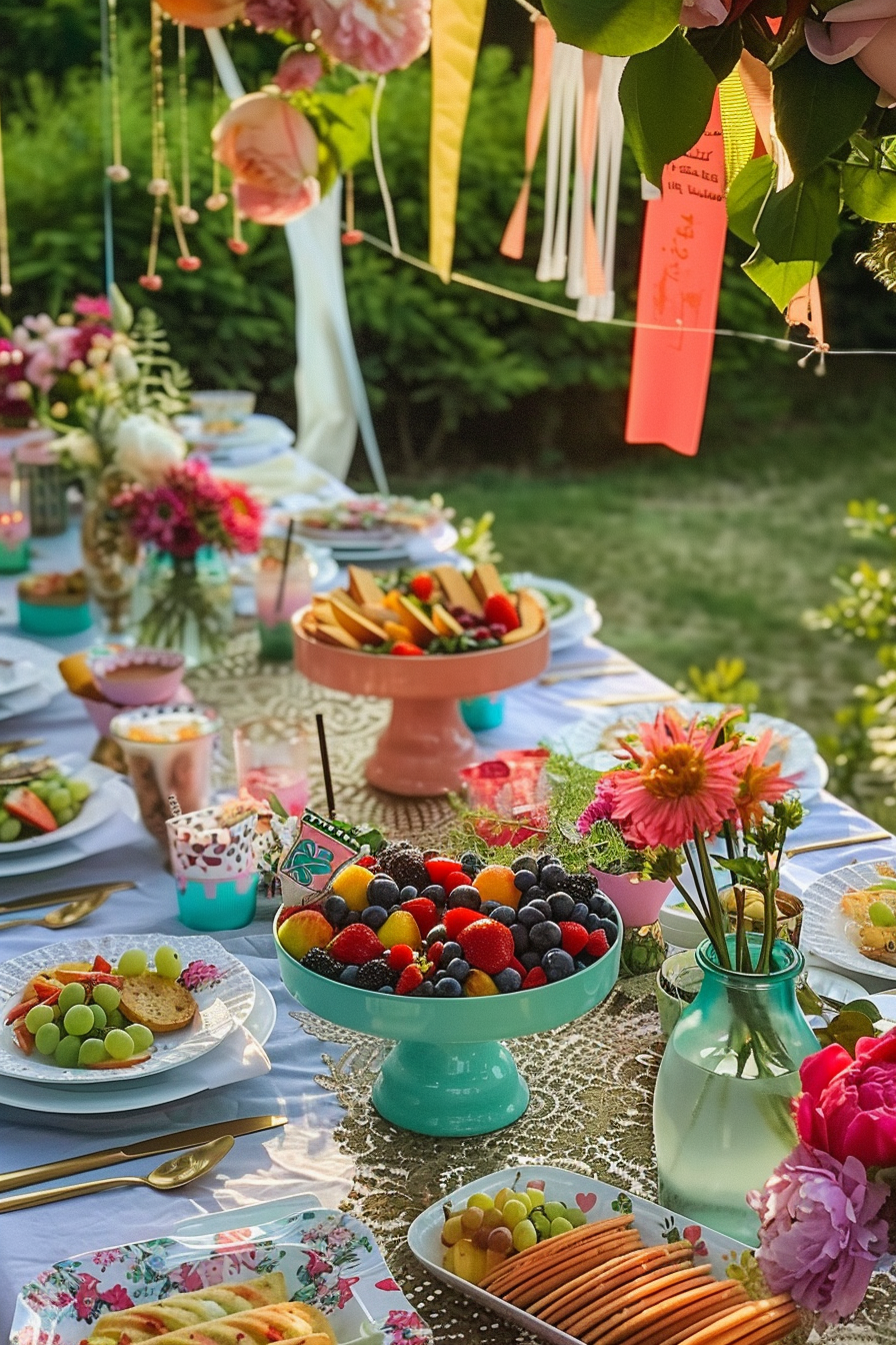 ALT: A vibrant garden party setup with an array of fruits, snacks, flowers, and decorations on a sunlit table.