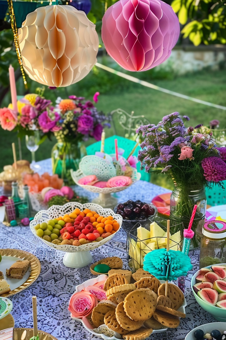A vibrant garden party table spread with colorful lanterns, fresh fruits, flowers, and assorted snacks.