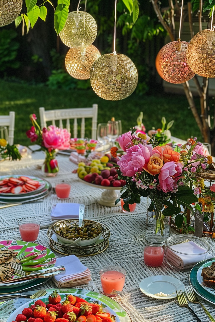 Alt text: An elegantly decorated outdoor dining table with hanging lanterns, vibrant floral arrangements, and a spread of fresh fruits and appetizers.