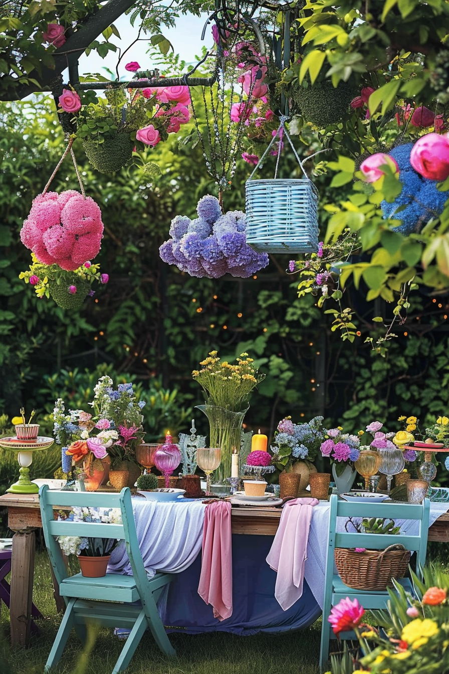 A vibrant garden setup with colorful flowers hanging above and arranged on a table set for a festive outdoor celebration.
