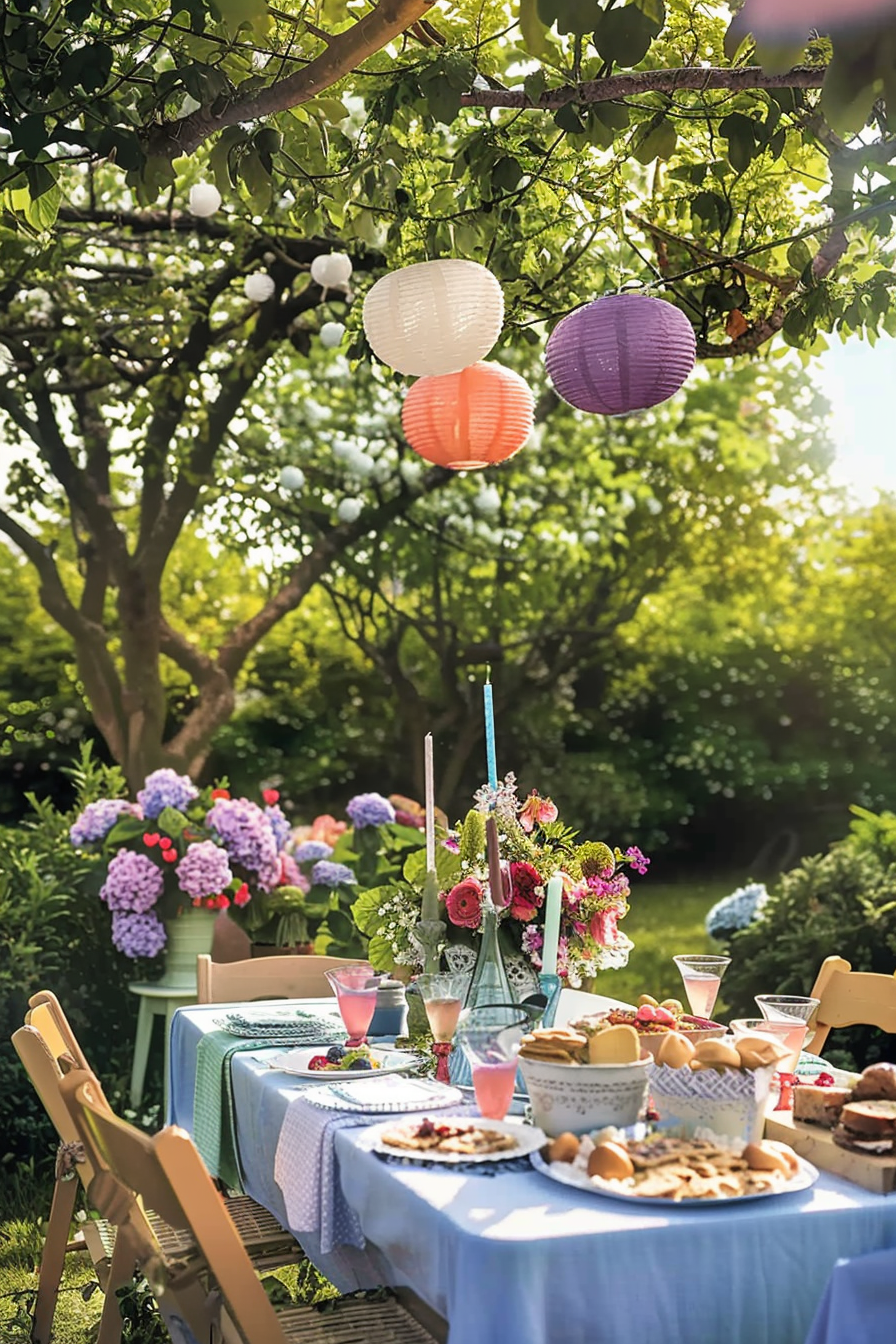 A serene outdoor garden party setup with colorful paper lanterns, a table laden with food and drinks, and lush greenery in the background.