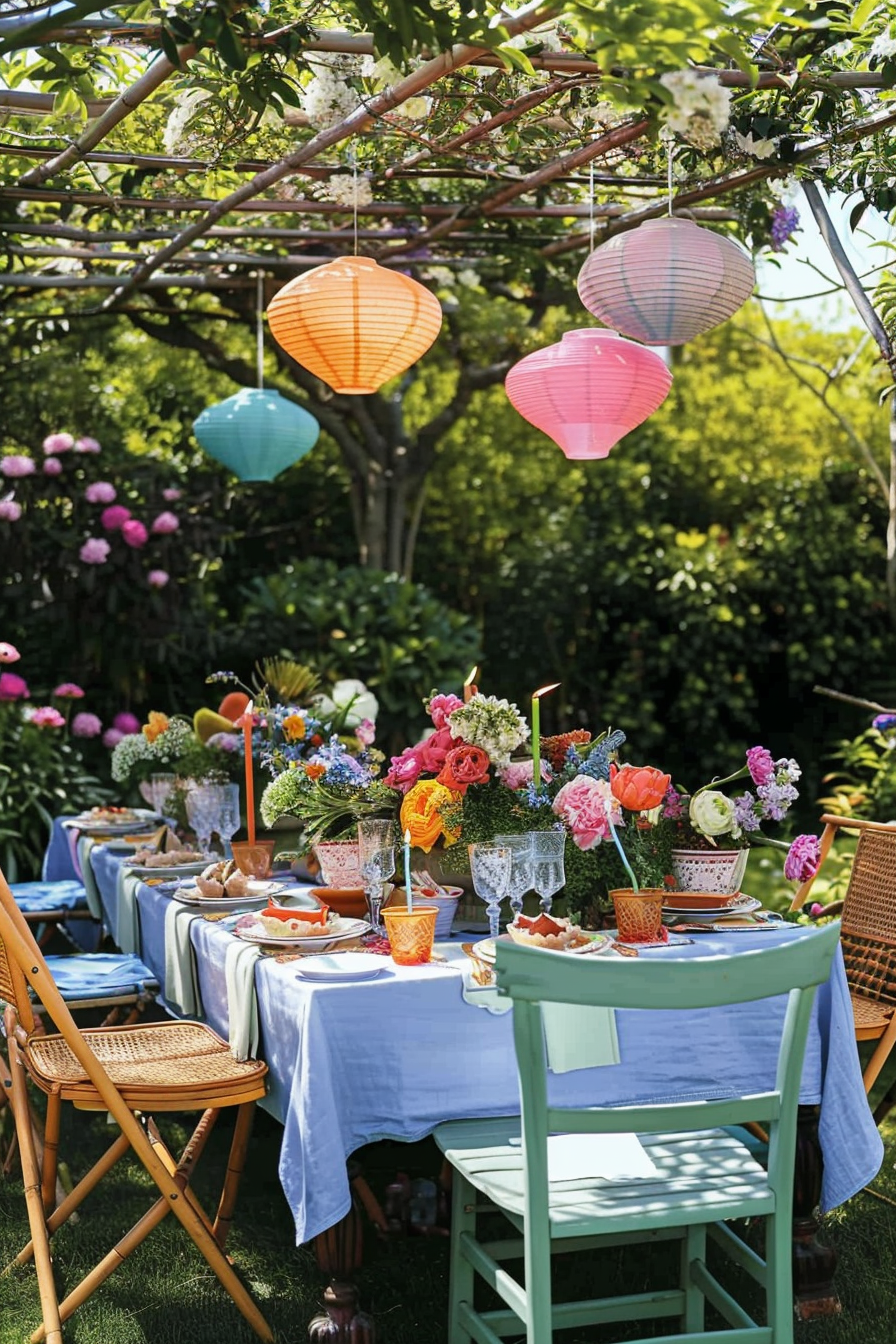 Outdoor garden table set for a meal with colorful paper lanterns hanging above, surrounded by lush greenery and flowers.