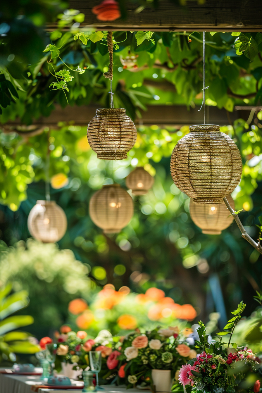 ALT: String of illuminated lanterns hanging in a garden with a table set among flowers in the background during a sunny day.