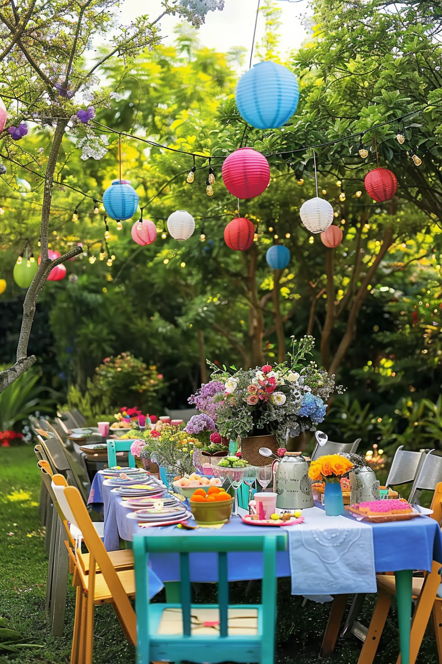 Colorful outdoor garden party setting with paper lanterns, string lights, and a table set with flowers and vibrant tableware.