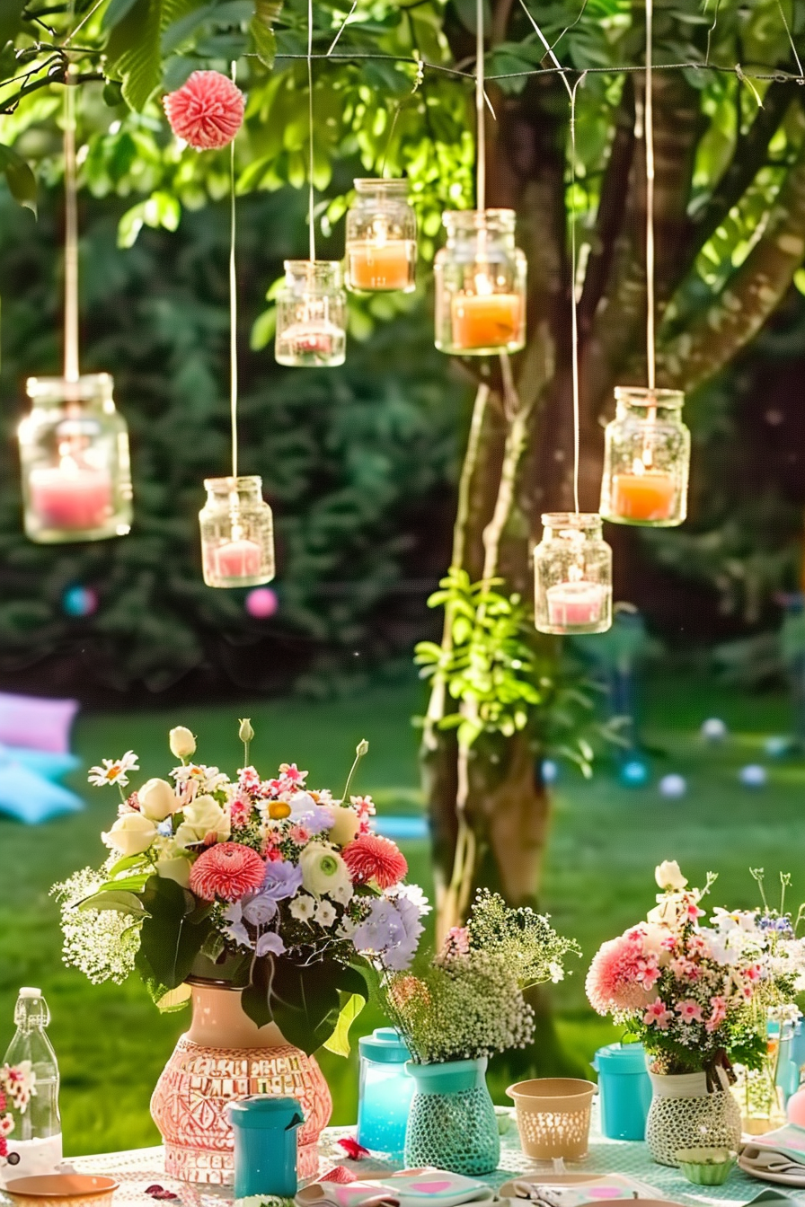 Candles in jars hanging from tree branches above a table adorned with colorful flower arrangements and tealight holders at dusk.