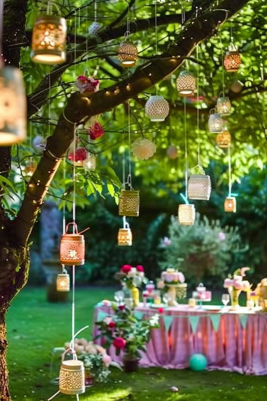 Decorative lanterns hanging from a tree above an outdoor party table set with desserts in a garden at dusk.