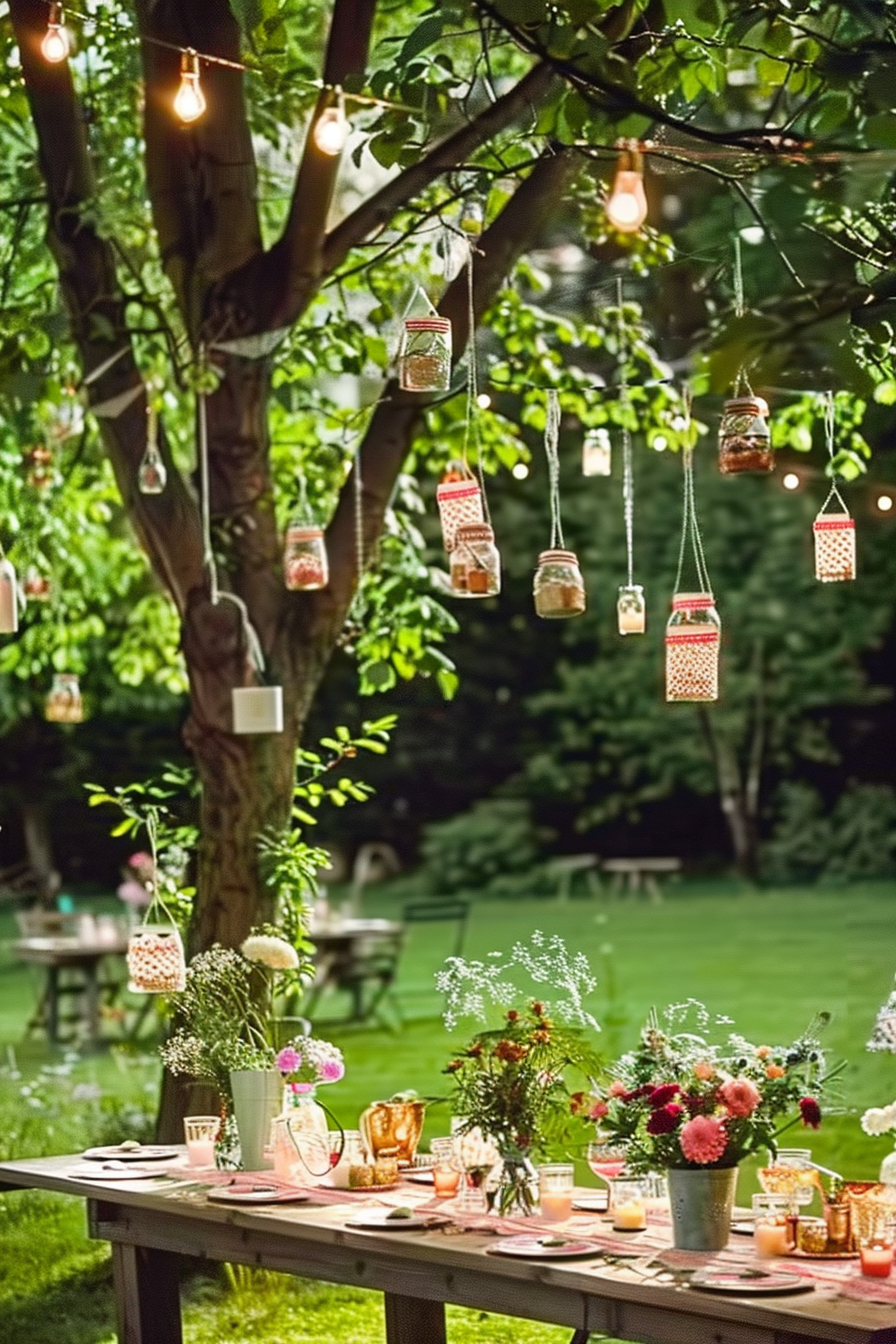 Outdoor evening garden party setting with hanging lights and lanterns in a tree above a table adorned with flowers and candles.