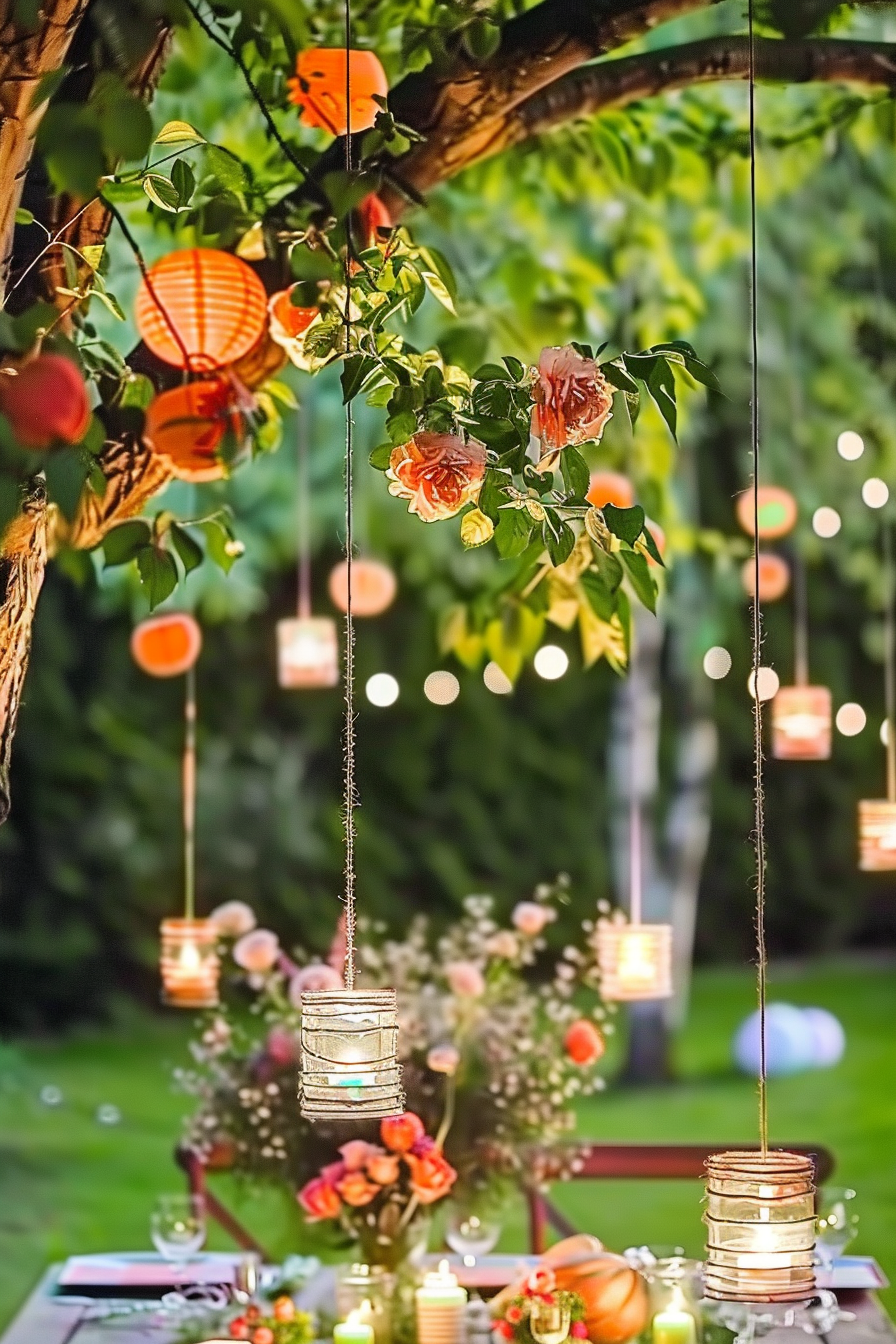 Enchanted garden setting with hanging lanterns, mason jar lights, and roses adorning a tree over an elegant dinner table.