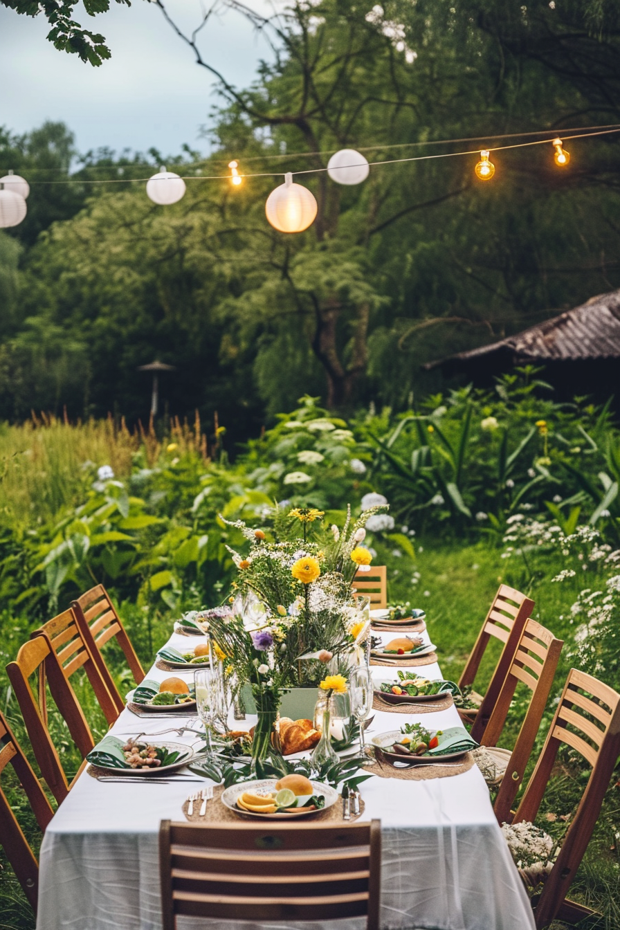 Outdoor dining setup with a decorated table, chairs, and hanging lights in a lush garden setting.