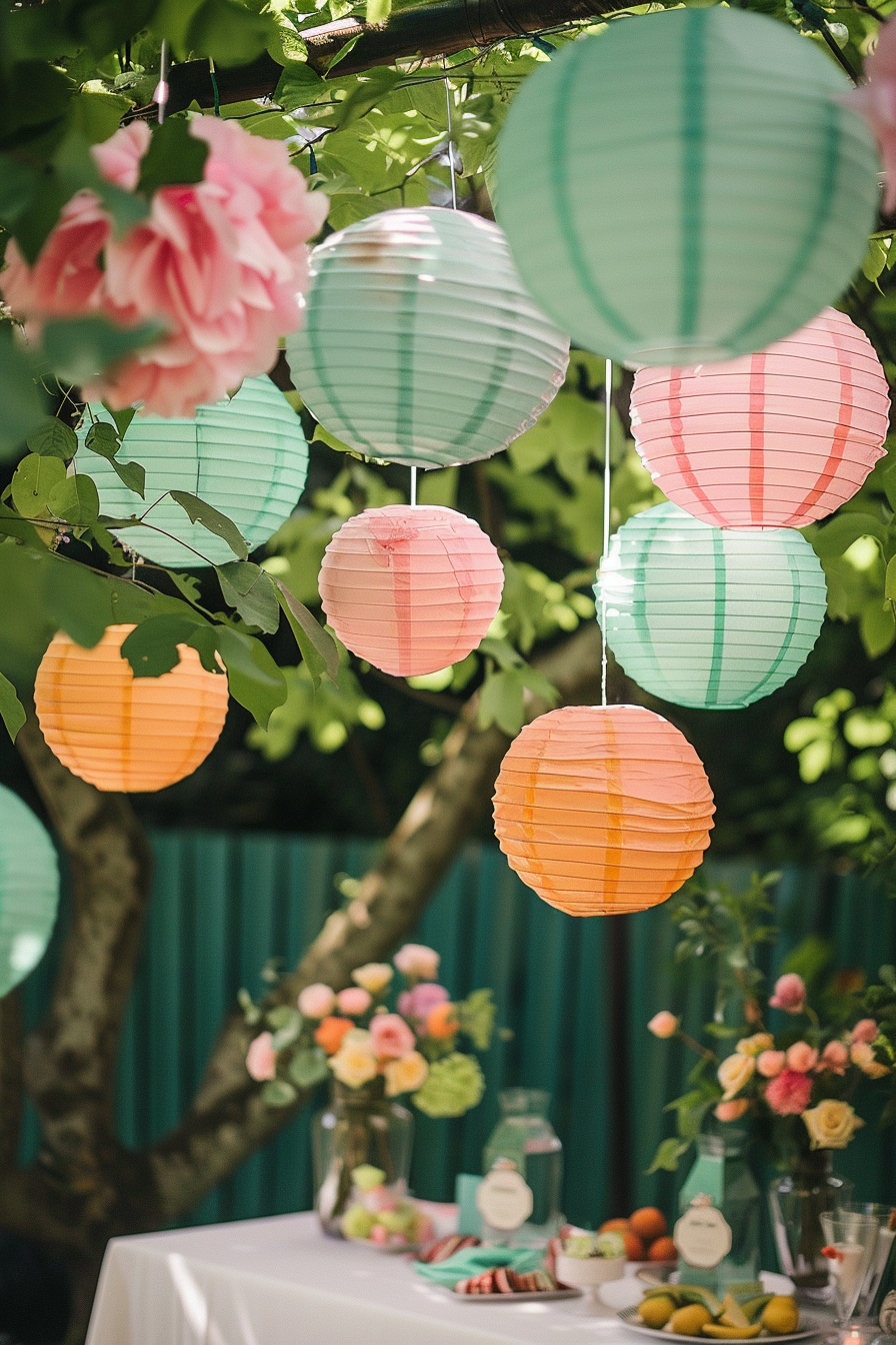 Colorful paper lanterns hanging in a garden with a table set with flowers and refreshments in the background, creating a festive atmosphere.