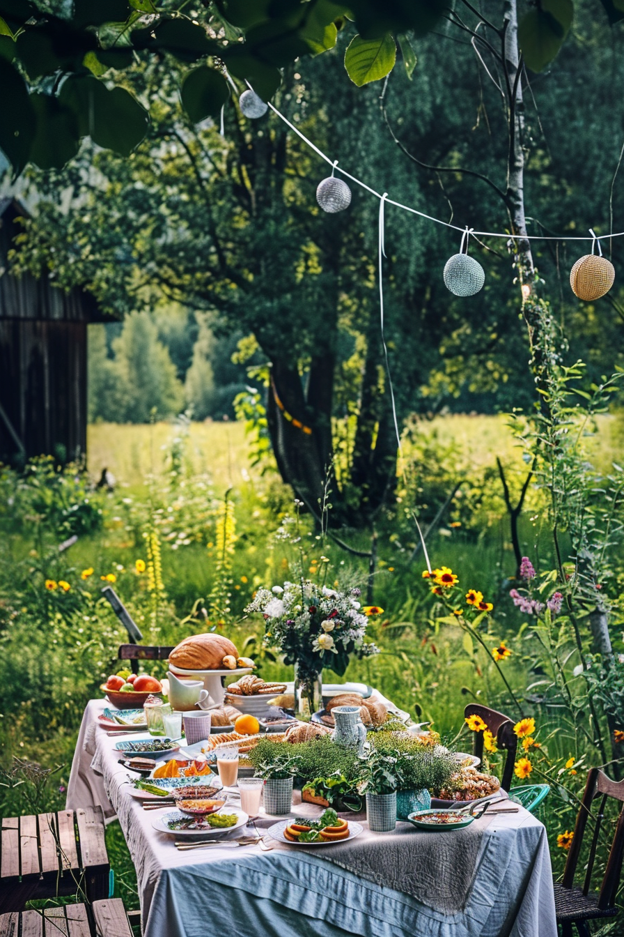 Outdoor summer garden table setting with food, flowers, and string lights amidst greenery.