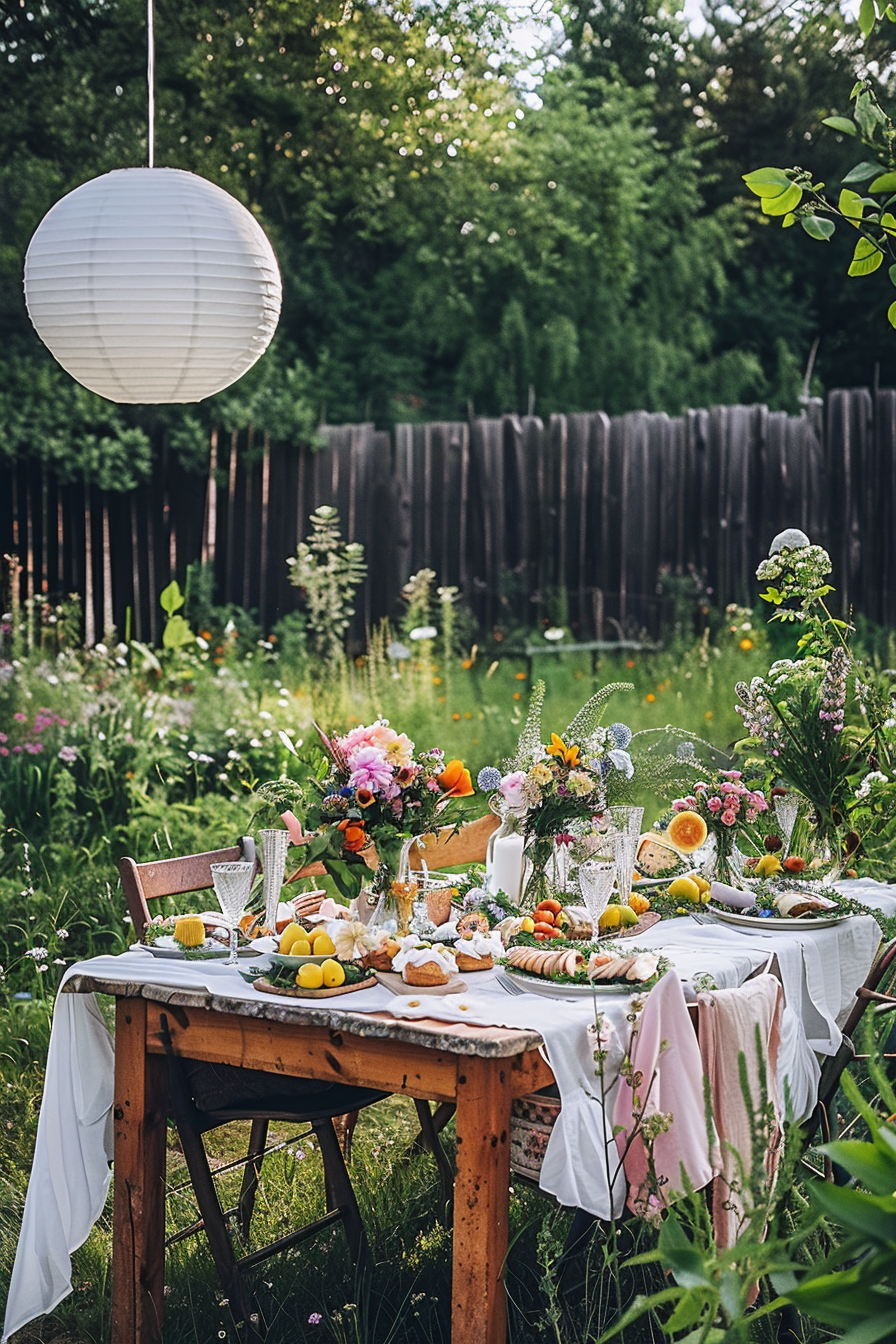 Elegant outdoor dining setup with a rustic table adorned with flowers, food, and fine tableware, under a hanging lantern in a garden.