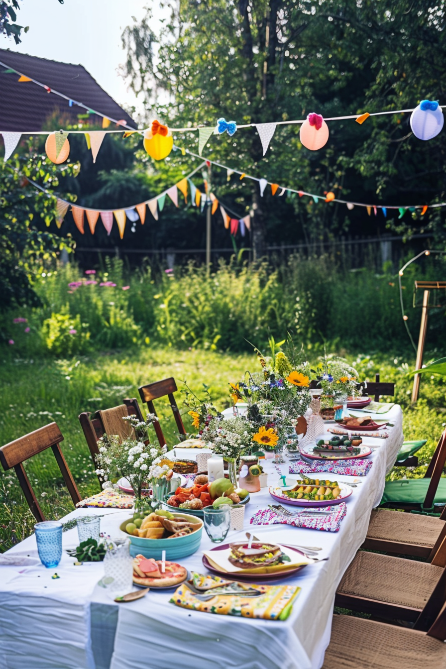 Outdoor garden party table set with food and flowers, festive strings of lights and flags in the background.