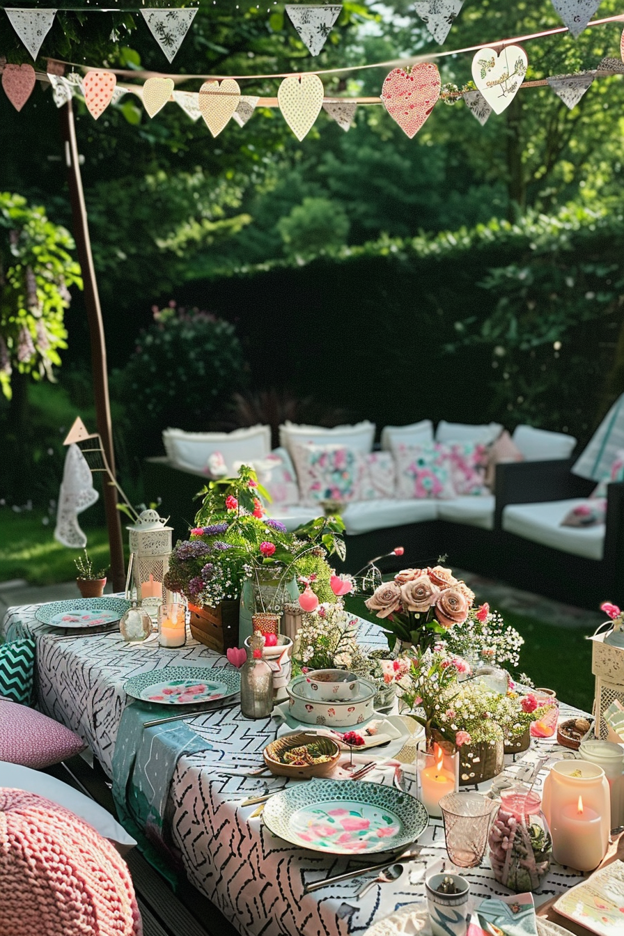 Outdoor garden table setting with patterned tablecloth, floral decorations, lit candles, and a garland with heart-shaped cutouts.
