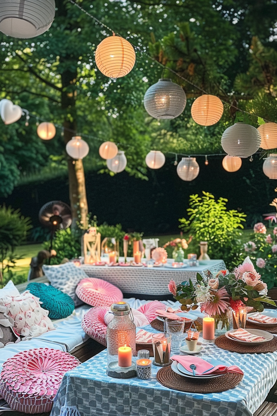 Alt text: An outdoor evening dinner party setup with hanging paper lanterns, a table with floral centerpieces, candles, and patterned textiles.