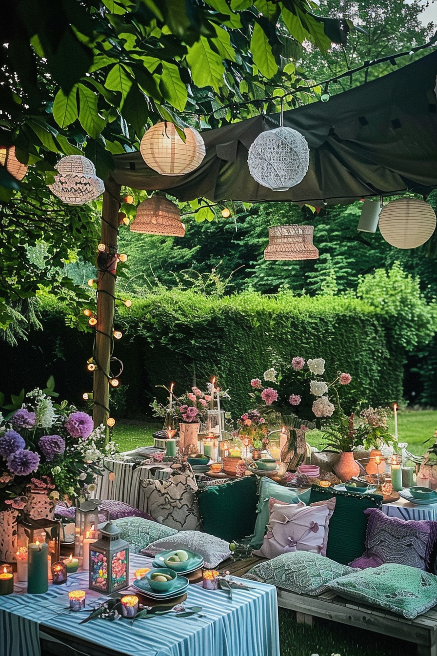 ALT text: An enchanting garden setup with a table adorned with candles, flowers, and lanterns under a canopy with hanging paper lanterns at dusk.