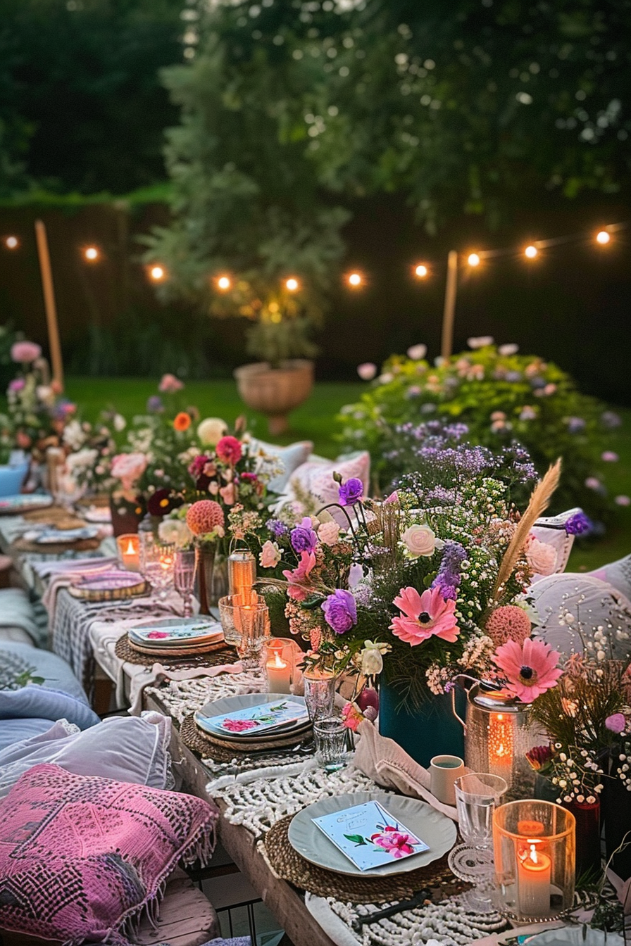 Twilight garden party setting with a beautifully decorated table, colorful flowers, lit candles, and string lights in the background.