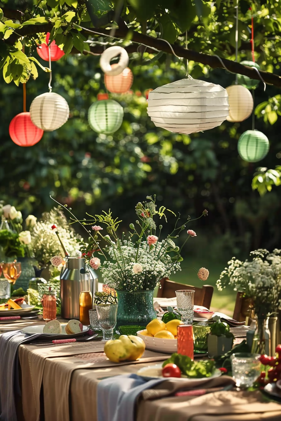 Outdoor table setting for a meal with colorful paper lanterns hanging from tree branches above, in a garden setting.
