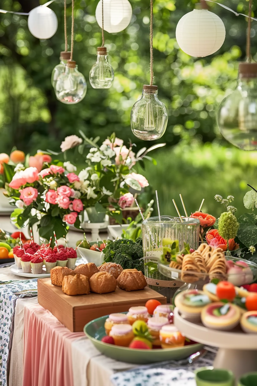 A summery outdoor buffet table festooned with delicate paper lanterns and vintage light bulbs, surrounded by lush greenery.