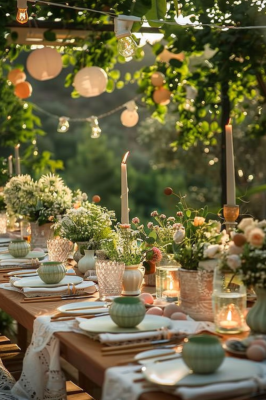 An elegantly set outdoor dining table with candles, string lights, and a centerpiece of flowers in warm, glowing light.