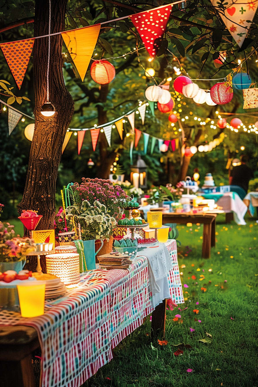 Outdoor evening party setting with colorful lights, paper lanterns, bunting, and a table laden with food and flowers.