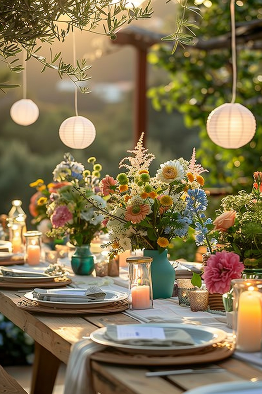 Elegant outdoor dining setup with floral centerpieces, hanging lanterns, and candles at sunset.