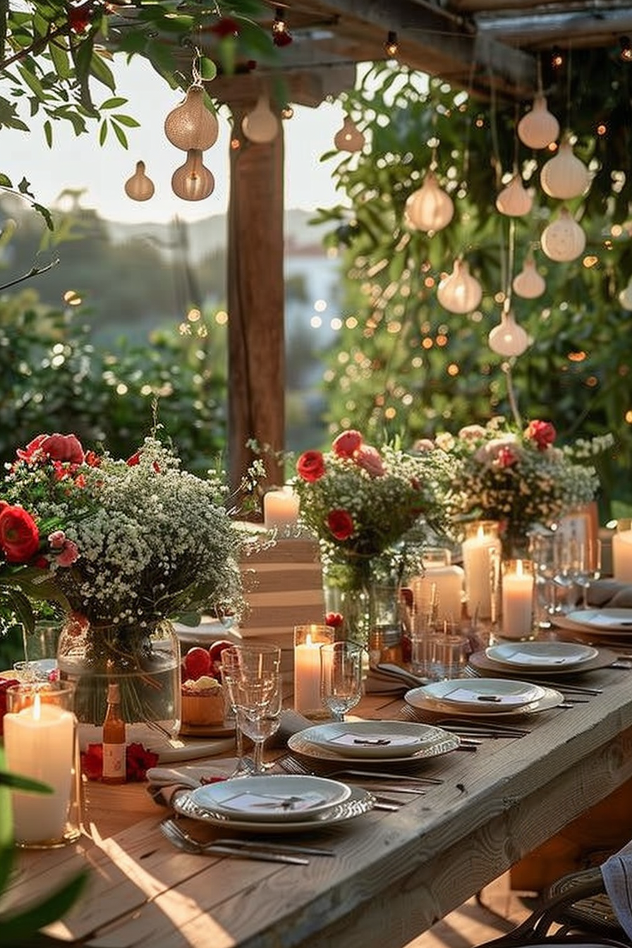 Elegant outdoor dining setup with hanging lights, candles, flowers, and a set table during twilight.