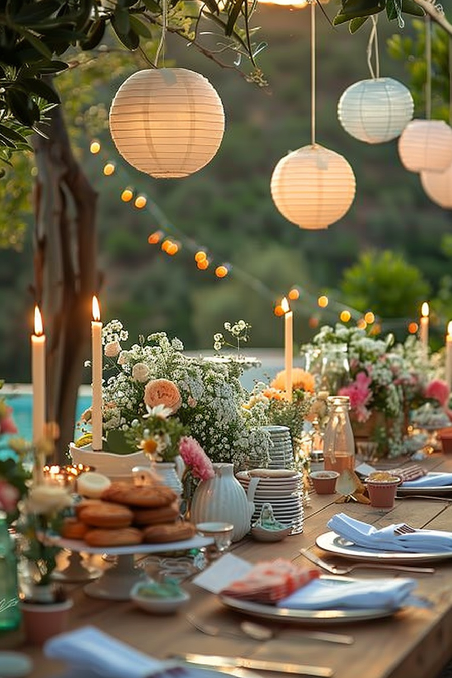 Elegant outdoor dining table set with flowers, candles, and hanging lanterns, ready for a twilight gathering.