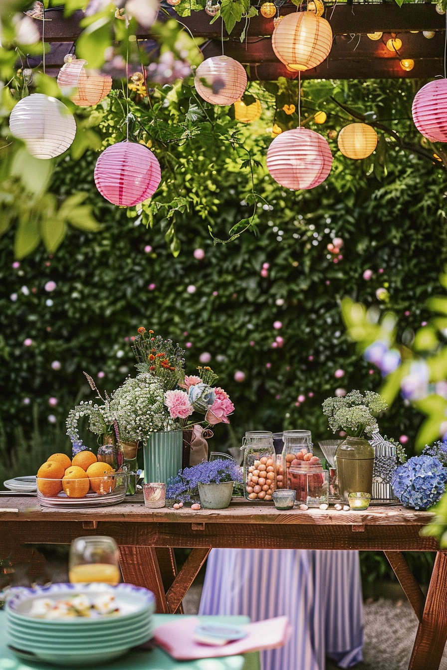 A garden table adorned with fresh flowers, fruit, and colorful paper lanterns, creating a festive outdoor dining atmosphere.