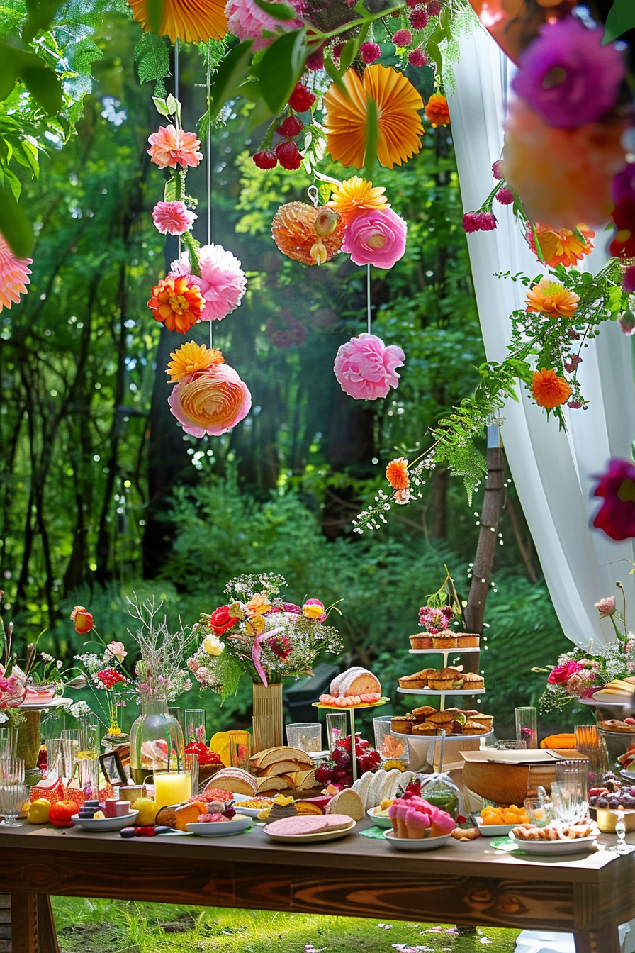 Colorful garden party setup with hanging paper flowers, a beautifully arranged table with various foods, drinks, and floral decorations.