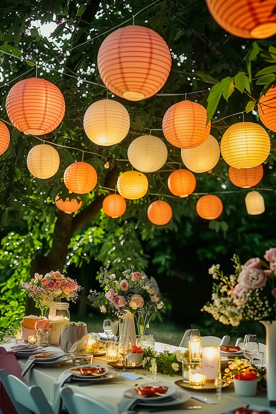 Alt text: An outdoor evening dinner setting with a table adorned with floral arrangements and candles, under a canopy of glowing paper lanterns.