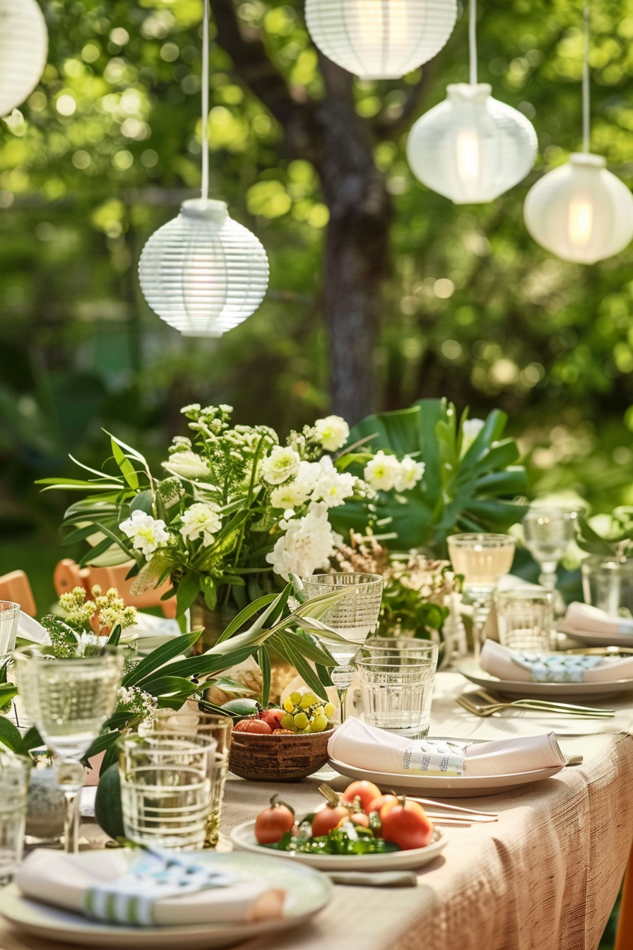 ALT text: Outdoor dining table set with elegant glassware and plates, fresh tomatoes, surrounded by hanging paper lanterns in a garden.