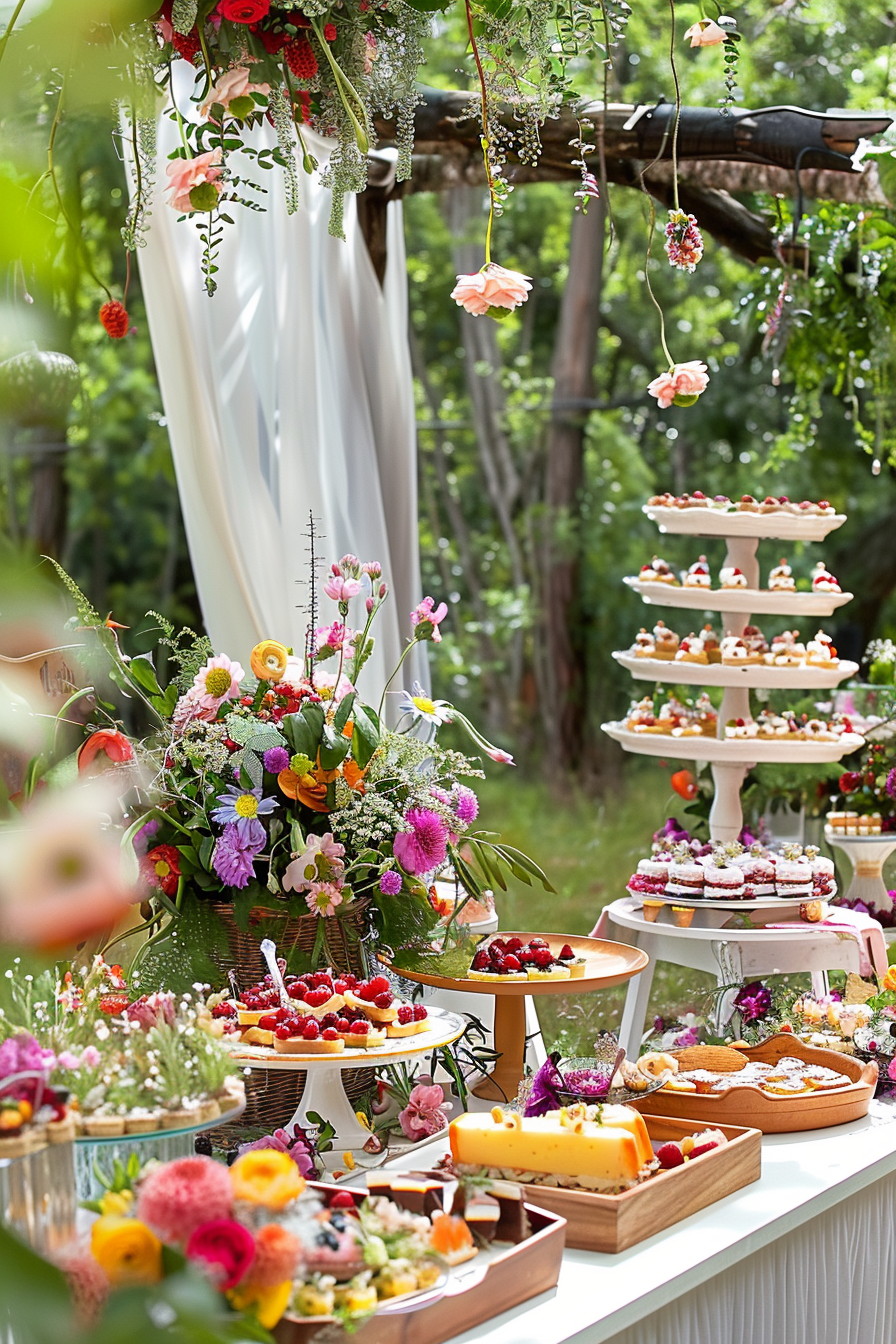 A lush garden dessert table with a multi-tiered cake, colorful floral arrangements, and an assortment of sweets and pastries.