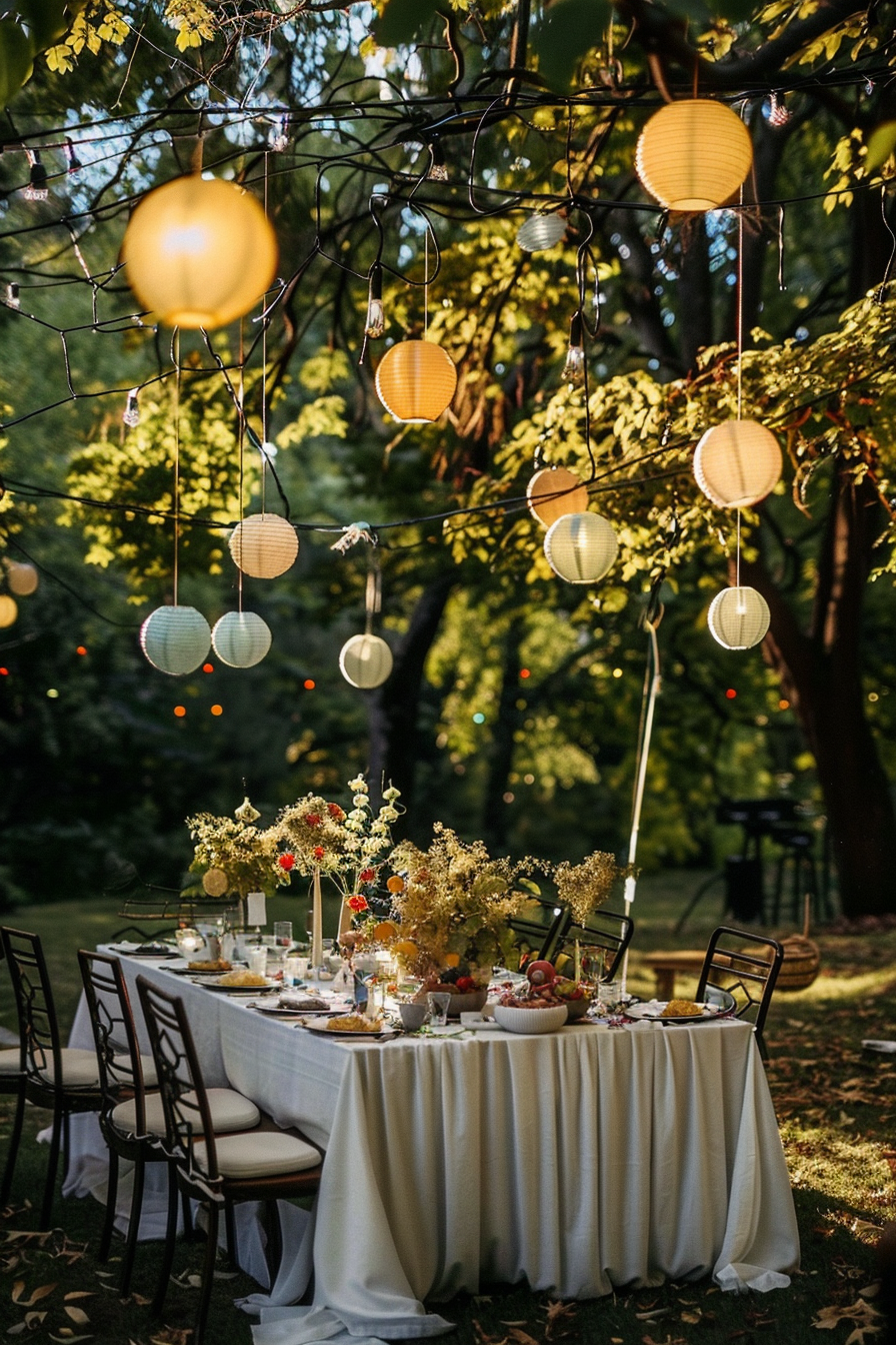 Outdoor dining table elegantly set under trees with string lights and hanging paper lanterns, creating an intimate evening ambiance.