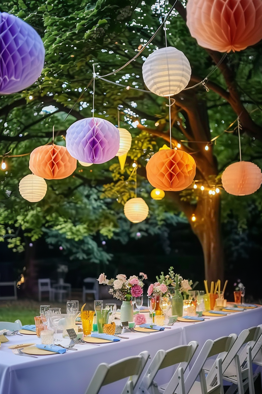 Outdoor dining setup with colorful paper lanterns hung above a table adorned with flowers and string lights at dusk.